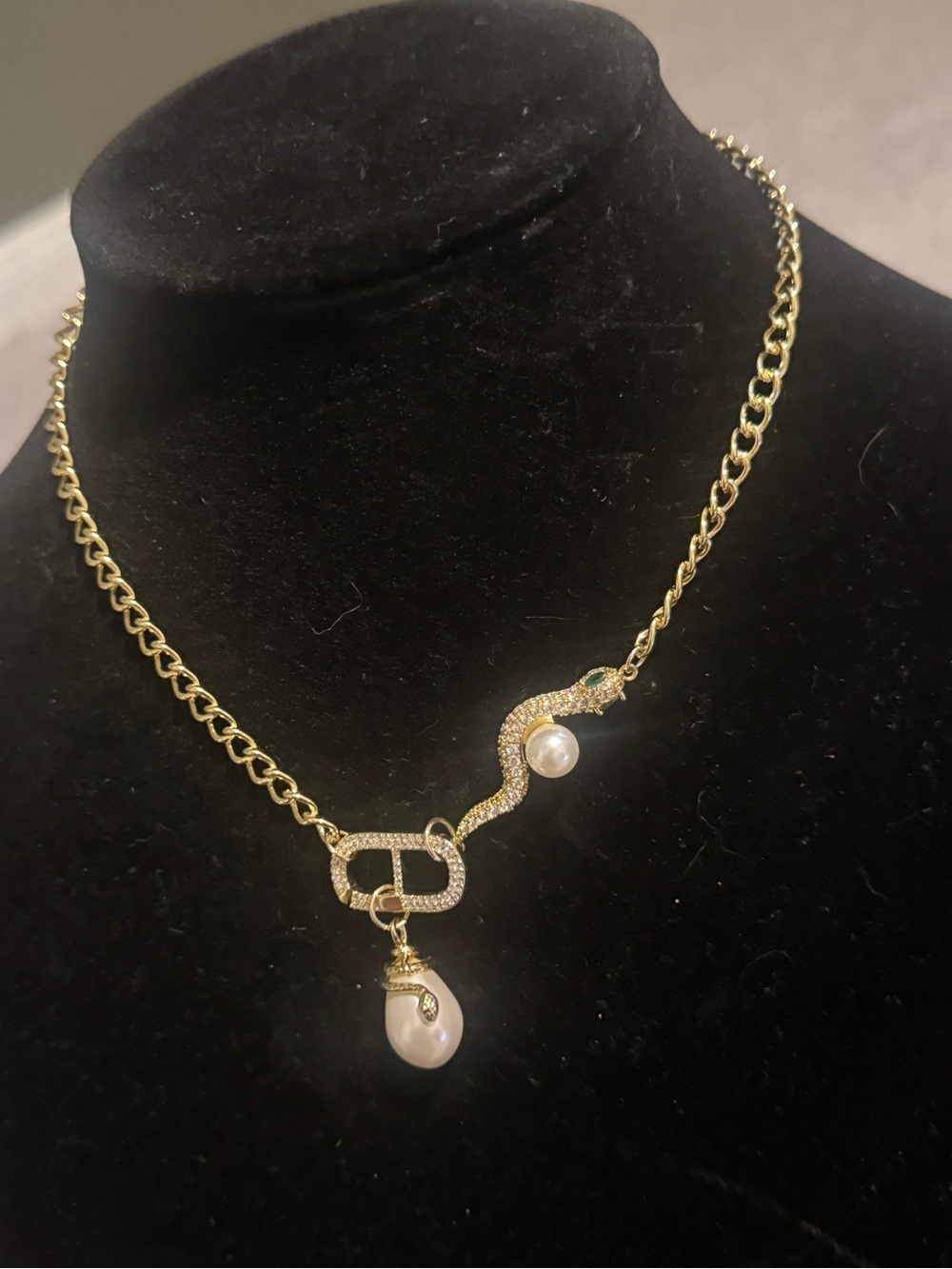 Gold-Tone Snake Pearl Pendant Necklace - Brand Unspecified
